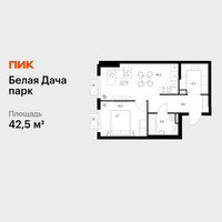 Планировка однокомнатной(квартира) площадью 42.5 квадратных метров в “ЖК Белая Дача парк”