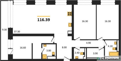 Планировка трехкомнатной(квартира) площадью 116.39 квадратных метров в ЖК “ЖК Republic (Репаблик)”