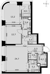 Планировка трехкомнатной(квартира) площадью 82.9 квадратных метров в ЖК “ЖК Амбер Сити”