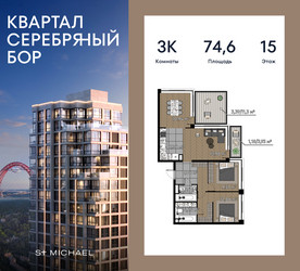 Планировка трехкомнатной(квартира) площадью 74.6 квадратных метров в ЖК “ЖК Квартал Серебряный бор”