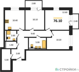 Планировка трехкомнатной(квартира) площадью 76.1 квадратных метров в ЖК “ЖК Квартал Герцена”