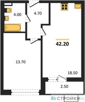 Планировка однокомнатной(квартира) площадью 42.2 квадратных метров в “ЖК Прокшино”