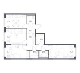 Планировка трехкомнатной(квартира) площадью 78.29 квадратных метров в ЖК “ЖК Богдановский Лес”