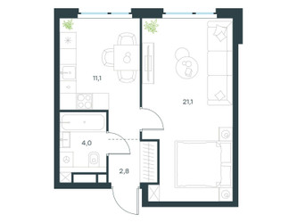 Планировка однокомнатной(квартира) площадью 39 квадратных метров в ЖК “ЖК Level Мичуринский”