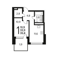 Планировка однокомнатной(квартира) площадью 35.8 квадратных метров в “Новые Ватутинки. Заречный”