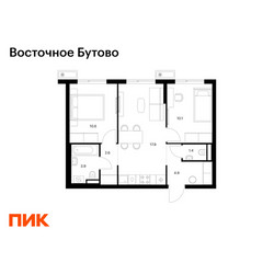 Планировка двухкомнатной(квартира) площадью 51.4 квадратных метров в ЖК “ЖК Восточное Бутово”