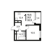 Планировка однокомнатной(квартира) площадью 32.5 квадратных метров в “Новые Ватутинки. Заречный”