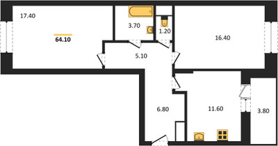 Планировка двухкомнатной(квартира) площадью 64.1 квадратных метров в ЖК “ЖК Эдельвейс (Первомайское)”
