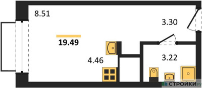 Планировка студии(квартира) площадью 19.49 квадратных метров в ЖК “ЖК Новоград Павлино”