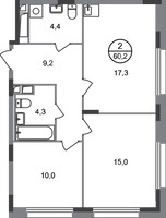Планировка двухкомнатной(квартира) площадью 60.2 квадратных метров в “ЖК Переделкино Ближнее”