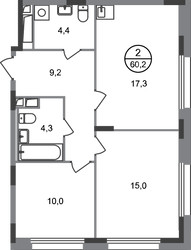 Планировка двухкомнатной(квартира) площадью 60.2 квадратных метров в ЖК “ЖК Переделкино Ближнее”