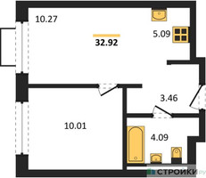 Планировка однокомнатной(квартира) площадью 32.92 квадратных метров в “ЖК Новое Видное”