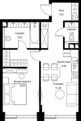 Планировка однокомнатной(квартира) площадью 50.69 квадратных метров в ЖК “ЖК Сити Бэй”