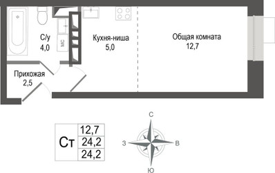 Планировка студии(квартира) площадью 24.2 квадратных метров в ЖК “ЖК КИНОКВАРТАЛ”