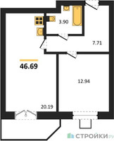 Планировка однокомнатной(квартира) площадью 46.69 квадратных метров в “ЖК Мечта”