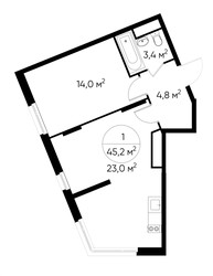 Планировка однокомнатной(квартира) площадью 45.2 квадратных метров в ЖК “ЖК Переделкино Ближнее”