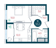 Планировка однокомнатной(квартира) площадью 35 квадратных метров в “ЖК РУСИЧ-Кантемировский”