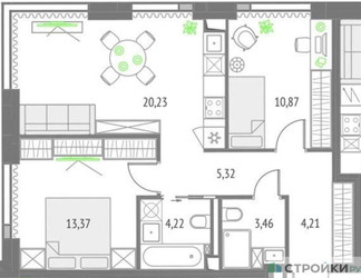 Планировка двухкомнатной(квартира) площадью 61.67 квадратных метров в ЖК “ЖК Upside Towers (Апсайд Тауэрс)”
