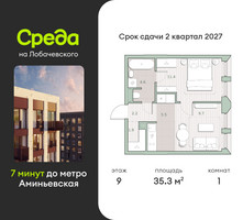 Планировка однокомнатной(квартира) площадью 35.3 квадратных метров в “ЖК Среда на Лобачевского”