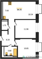 Планировка двухкомнатной(квартира) площадью 54.72 квадратных метров в “ЖК Квартал Строгино”