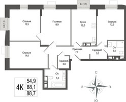 Планировка 4+ комнатной(квартира) площадью 88.1 квадратных метров в “ЖК КИНОКВАРТАЛ”