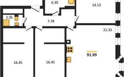 Планировка трехкомнатной(квартира) площадью 91 квадратных метров в ЖК “ЖК GloraX Premium Белорусская (Глоракс Премиум)”