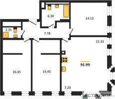 Планировка трехкомнатной(квартира) площадью 91 квадратных метров в “ЖК GloraX Premium Белорусская (Глоракс Премиум)”