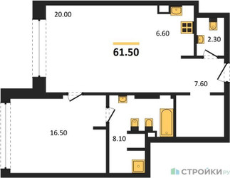 Планировка однокомнатной(квартира) площадью 61.5 квадратных метров в ЖК “ЖК Ренессанс”