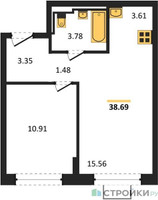 Планировка однокомнатной(квартира) площадью 38.69 квадратных метров в “ЖК Богдановский Лес”