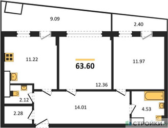Планировка двухкомнатной(квартира) площадью 64.2 квадратных метров в ЖК “ЖК Эльйон”