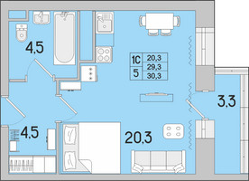 Планировка однокомнатной(квартира) площадью 44.8 квадратных метров в “ЖК Идеал”