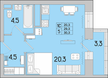 Планировка однокомнатной(квартира) площадью 44.8 квадратных метров в ЖК “ЖК Идеал”