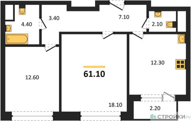 Планировка двухкомнатной(квартира) площадью 61.1 квадратных метров в ЖК “Квартал Филатов луг”