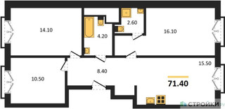 Планировка трехкомнатной(квартира) площадью 71.4 квадратных метров в “ДД:ОО:ММ. Дом на Часовой”
