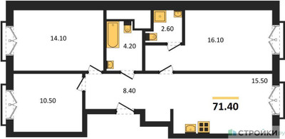 Планировка трехкомнатной(квартира) площадью 71.4 квадратных метров в ЖК “ДД:ОО:ММ. Дом на Часовой”
