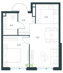 Планировка двухкомнатной(квартира) площадью 44 квадратных метров в ЖК “ЖК Level Мичуринский”