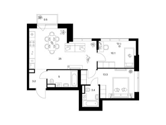 Планировка двухкомнатной(квартира) площадью 60.5 квадратных метров в ЖК “Бунинская набережная”