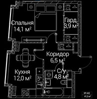 Планировка однокомнатной(квартира) площадью 41.3 квадратных метров в “ЖК СЕЗАР БУДУЩЕЕ”