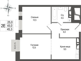Планировка двухкомнатной(квартира) площадью 45 квадратных метров в “ЖК КИНОКВАРТАЛ”