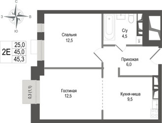 Планировка двухкомнатной(квартира) площадью 45 квадратных метров в ЖК “ЖК КИНОКВАРТАЛ”