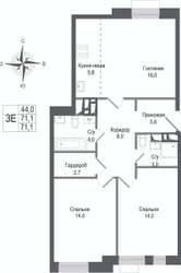 Планировка трехкомнатной(квартира) площадью 71.1 квадратных метров в ЖК “ЖК КИНОКВАРТАЛ”