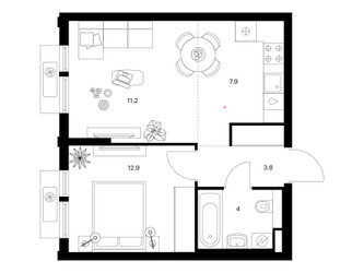 Планировка однокомнатной(квартира) площадью 39.8 квадратных метров в ЖК “ЖК Белая Дача парк”