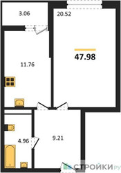 Планировка однокомнатной(квартира) площадью 47.98 квадратных метров в ЖК “ЖК Riga Hills (Рига Хиллс)”