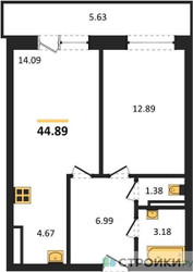 Планировка однокомнатной(квартира) площадью 44.89 квадратных метров в ЖК “Зеленый Оазис - Город”