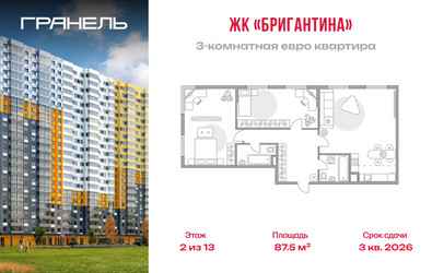 Планировка трехкомнатной(квартира) площадью 87.5 квадратных метров в ЖК “ЖК Бригантина”