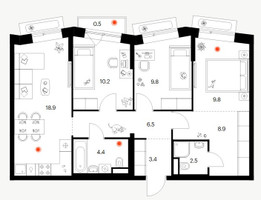 Планировка трехкомнатной(квартира) площадью 74.9 квадратных метров в “ЖК Саларьево парк”