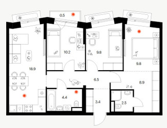 Планировка трехкомнатной(квартира) площадью 74.9 квадратных метров в ЖК “ЖК Саларьево парк”