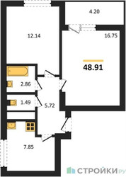 Планировка двухкомнатной(квартира) площадью 48.91 квадратных метров в “ЖК Химки Тайм”