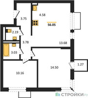 Планировка двухкомнатной(квартира) площадью 56.05 квадратных метров в “ЖК Мытищи Парк”