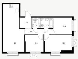 Планировка трехкомнатной(квартира) площадью 70 квадратных метров в “ЖК Первый Дубровский”